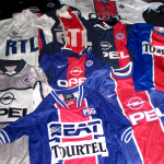 A collection of PSG shirts from the 70s, 80s and 90s