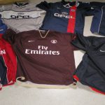 A collection of PSG shirts from the 90s and early 2000s